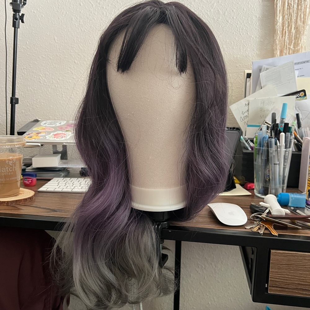 Purple + Grey Ombre with Black Roots and Bangs Synthetic